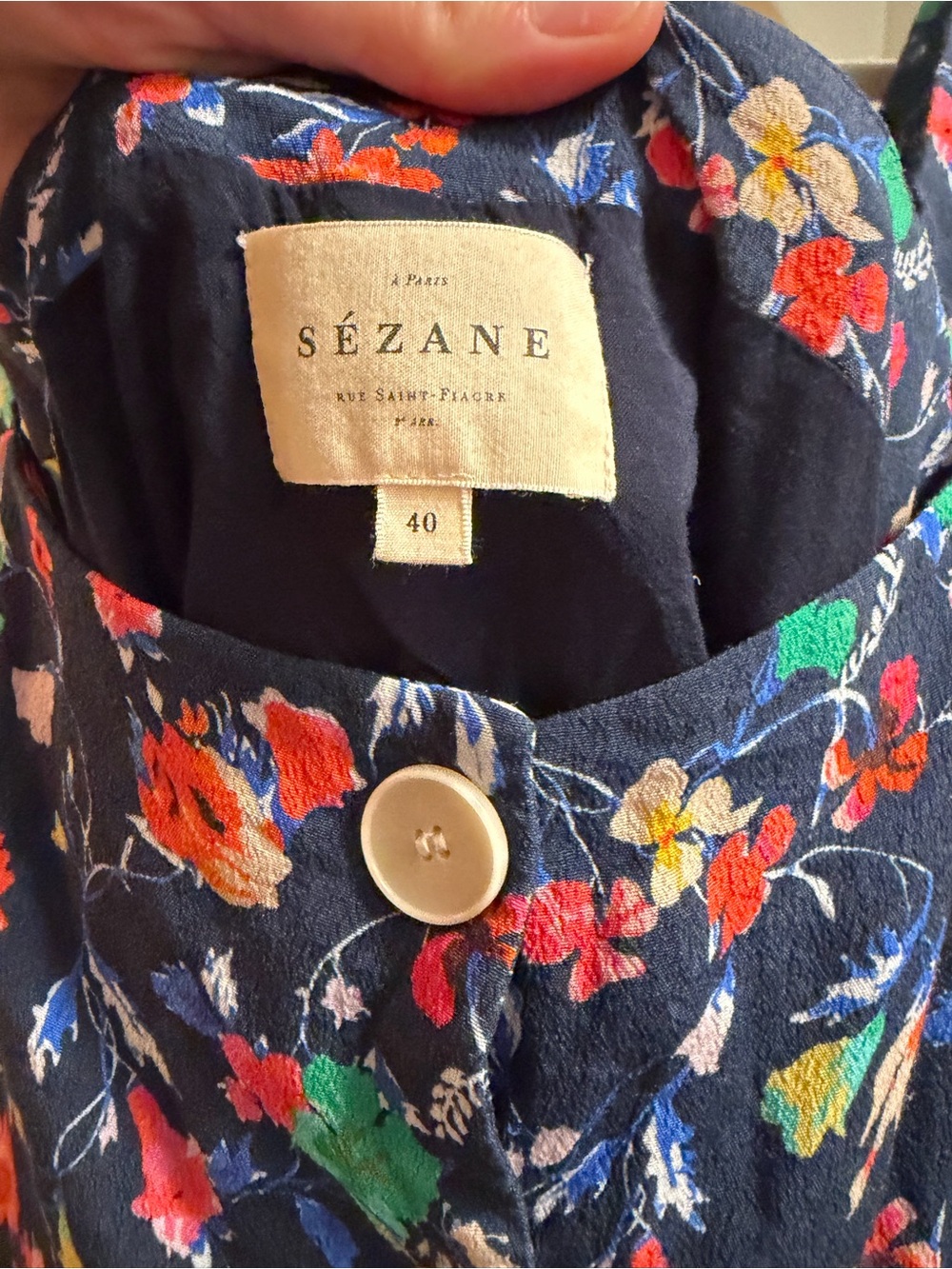 Sezane Navy Floral Button-Front Sundress with Red, Green, White Details - Picture 3 of 3